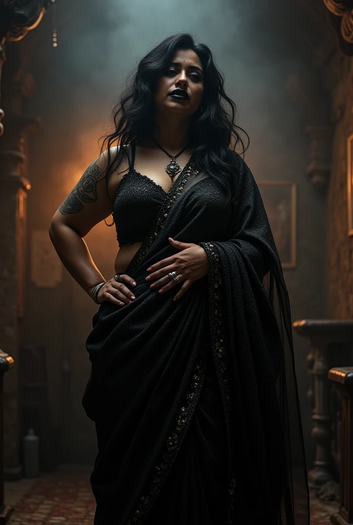 indian astrology,Looks like Aparna Dixit, full body Closeup shot, Big chubby aunty, milf, cougar lady witch, horny Gothic milf, 50 years old gorgeous mature lady, pervert demoness, demoness of lust, curvy, black lips, horny face, extremely gorgeous, thick figure, heavy physique, voluptuous, curvy, sexy figure, Fashionable portrait of androgynous alien looking witch wearing veil, glowing eyes, futuristic design, minimal details, givenchy, photoreal, 200mm, hd, f/ 2.0, highly detailed, surreal, sexy beautiful evil woman, sexy bold sequin Saree with strapless Bra, chudail, Pishachini, horror genre, blood-thirsty enchantress, powerful female spirit, eerie, drop dead, in the style of red and blue, (intricate details, hyperdetailed:1.15) (skin texture:1.2), dark Moody tone, cinematic lighting, haunted place in background, Fortune telling hall