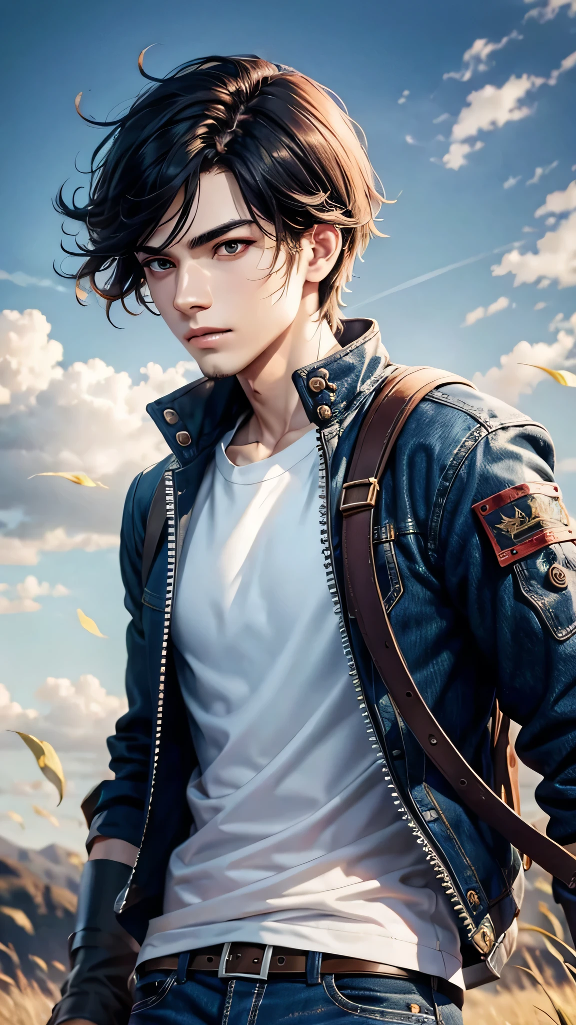 最high quality、Best image quality、masterpiece、male((18-year-old、slender、Stubble、Have a camera、White shirt、Red eyes、Cool hairstyle、Black Hair、Fighting Pose、Black rider jacket、Blue denim trousers、Black Rucksack、Stubble))high quality、Beautiful art、background((grassland、Strong winds)),Tabletop、Exquisite design、Visual Arts、Written boundary depth、Best lighting、Highest detail、8k