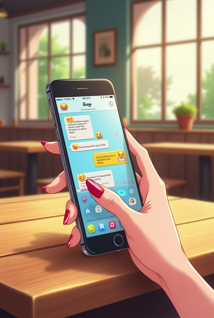 An anime hand is holding a phone with a chat message
