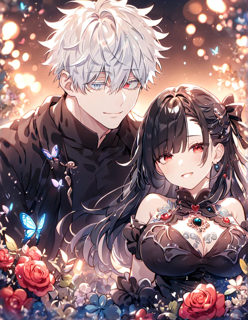 a beautiful woman, handsome man, couple, love, sensual, sexy, cute girl, empty eyes, red eyes, long black hair, hair over right eye, big breasts, short, shy, smile, black dress, handsome boy, Jujutsu Kaisen, Gojou Satoru, white hair, black blindfold, covered eyes, black shirt, flowers, butterflies, fantasy, magical, summer, (best quality,4k,8k,highres,masterpiece:1.2),ultra-detailed,HDR,UHD,studio lighting,sharp focus,extreme detail description,professional,vivid colors,bokeh,portraits