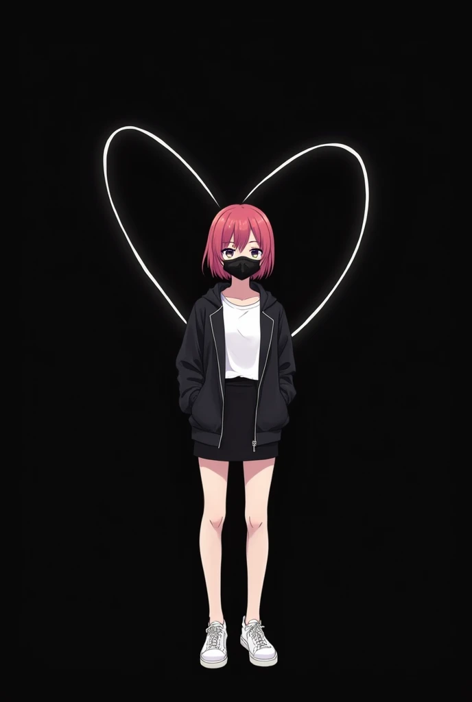 A short girl wearing a black jacket with a white tshirt inside the jacket,a black skirt,a black mask on mouth not on eyes with white shoes. She is an anime gou . The background is black and the girl is standing between the boundary of a white heart.the heart has only boundary 