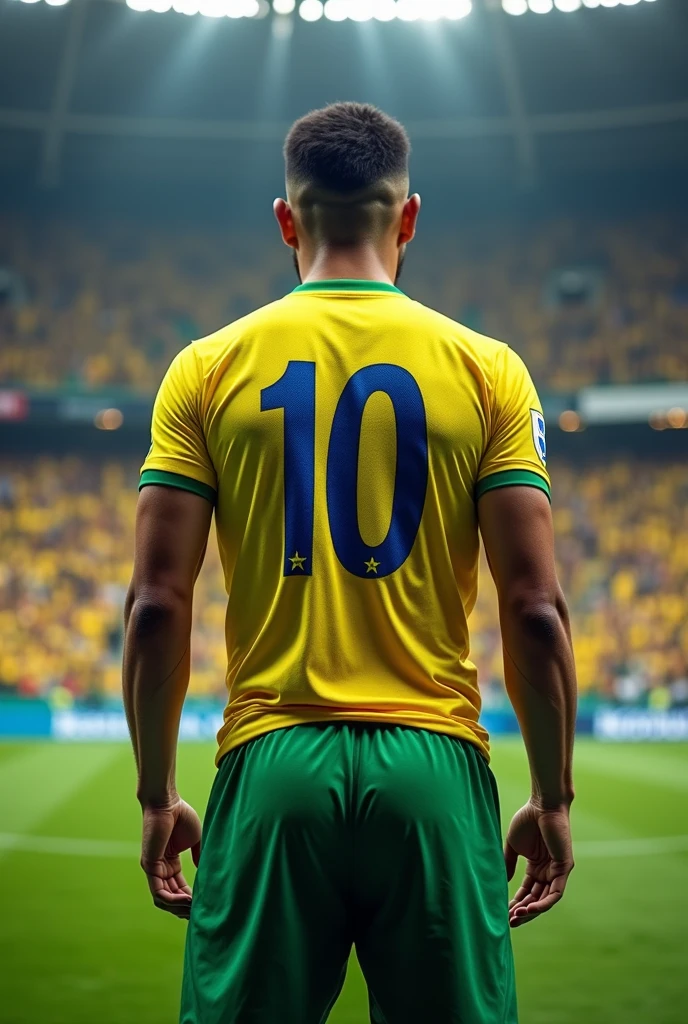 Generate a soccer sports uniform with Brazilian colors for both the front and back with the number 10 on the back