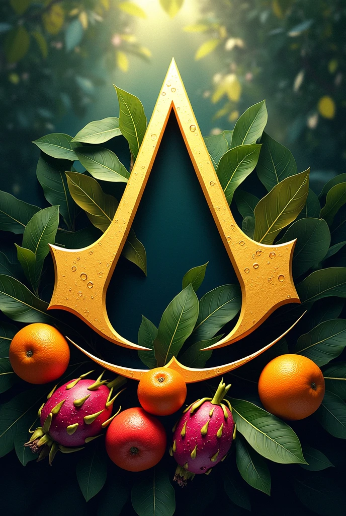 Le logo des Assassin creed avec un thème de fruit qui l'entoure
