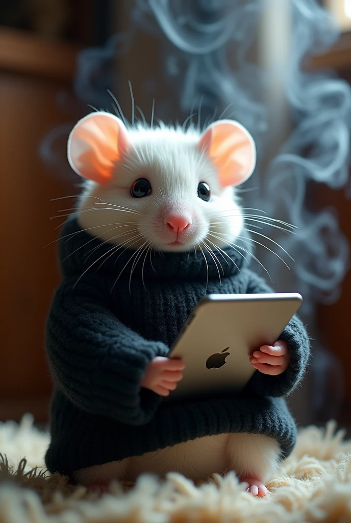 A fluffy white mouse in a black plush sweater holds an Apple tablet. In the background there is smoke and the word KORSACOVA written.