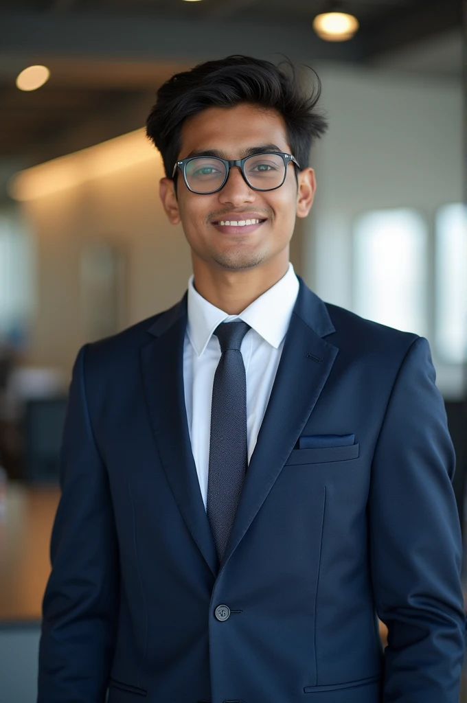 21 year old indian boy With fair skin Wearing spectacles and narrow body Posing for a linkedin picture in formals