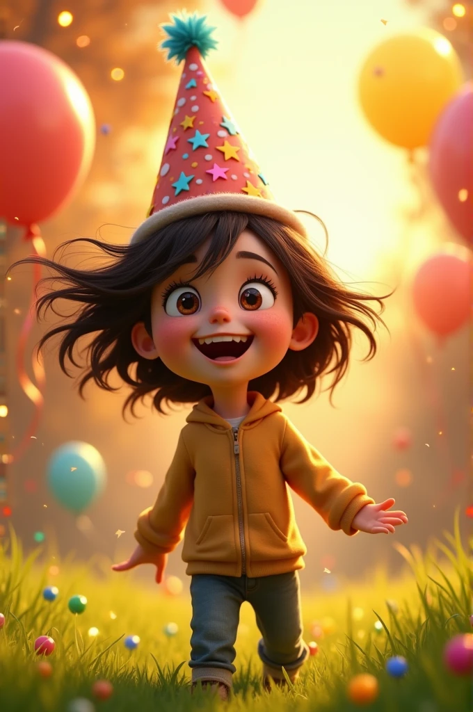 create an art, inspired by Pixar animations of a boy with long hair down to his shoulders, with a birthday hat
