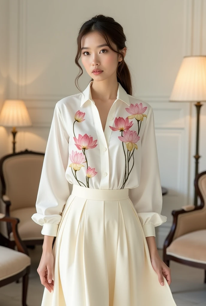 8k image of the model wearing a white tucked-in shirt with lotus flower patterns. Cream colored stand-up skirt. Luxurious elegant style. Background with rice white walls, chairs, lamps