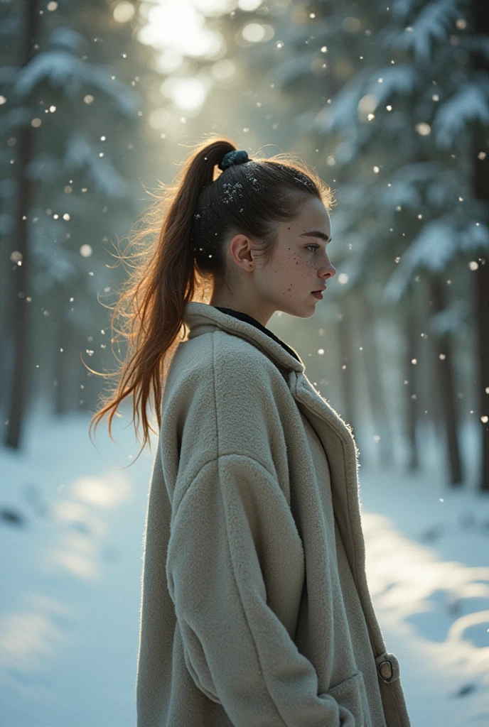 inematic photo of 26yo girl walking in a winter forest, snow falling, long light-brown hair, high ponytail, orgasm, distance, wind, full body, skinny, boyish, dry skin, skin pores, freckles, moles, (analog:1.3), model, androgynous, tilt shift, specular lighting, film grain, (wide shot:1.2), F/5, (cinematic still:1.2), 35mm photograph, film, professional, , (skin texture visible:1.5), orgasm, natural breasts, realistic skin, freckles, skin pores, skin moles, skin imperfections, visible skin detail, skin fuzz, dry skin, (detailed eyes), (detailed facial features), detailed skin texture, sharp focus, photographic, editorial photograph, hyperdetailed photography, soft light, Direct light, natural lighting, film grain, photography, (photorealistic:1.4), dslr, f2, 16mm, 50mm, 35mm, Kodak UltraMax 400, Fujifilm Superia Premium 400, Nikon D850 film stock photograph, Kodak Portra 400 f1.6 lens, Dramatic, Atmospheric, 8k, UHD, color graded portra 400 film, analog raw photo, amateur photo, film stock photograph