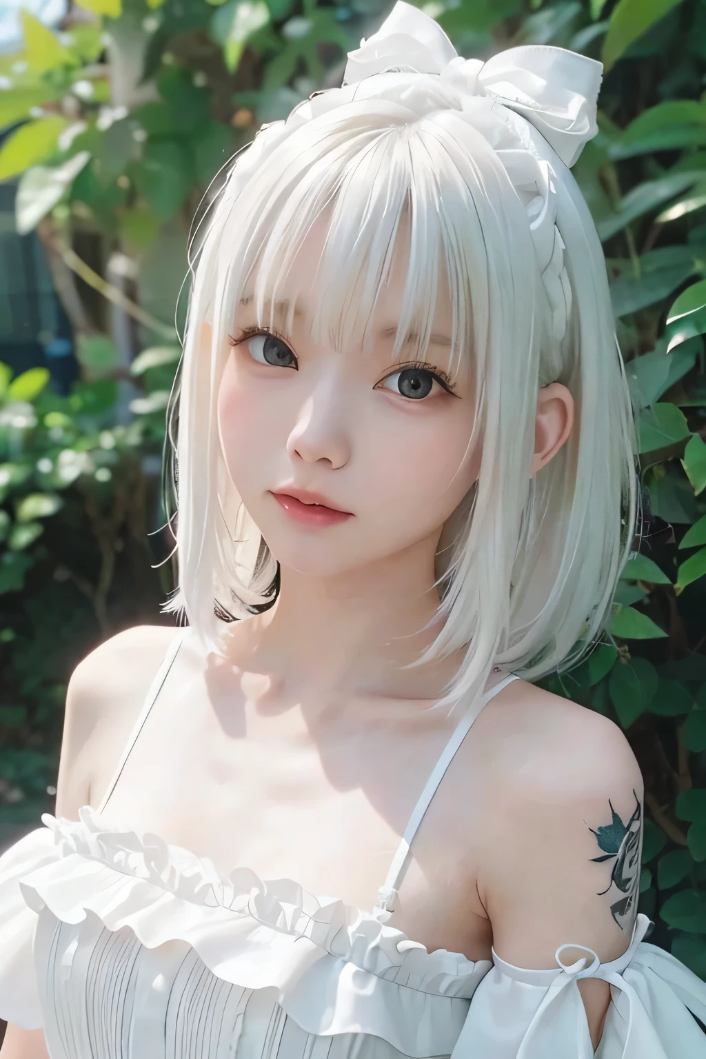 8k、Highest quality、masterpiece、(Upper shot close-up)、solo、、(slim、Flat Body:1.23) 、(Pure white hair:1.4)、(A pure white dress with frills and ribbons:1.3)、((Tattoo))