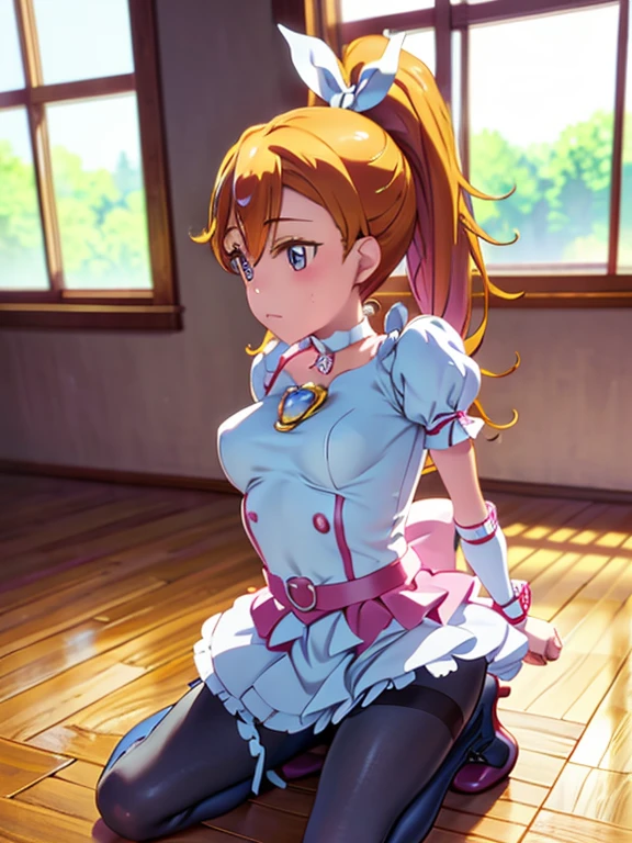 Cure Rhythm、Pretty Cure、Blonde、Long Hair、c cup breasts、Photo from below、(Inside the Jail)、One girl、((Infected Pantyhose))、(boots)、ponytail、(Being restrained)、Kneeling、(Black Pantyhose)、Spread your legs、View from the front