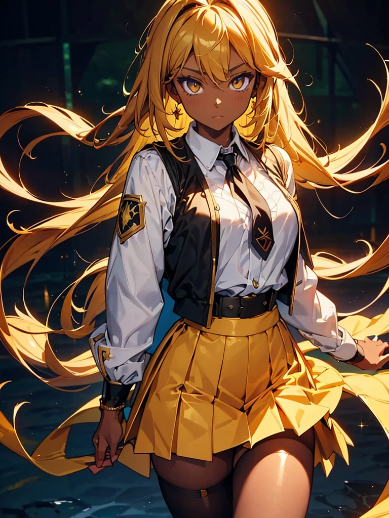 Black background with spotlight,　((((masterpiece)))), expensive quality, very_expensive_solve, big_file size, Full Color,Highly detailed artwork,1 mature female((Dark Skin:1.5,golden eye:1.4,Bright  緑hair:1.3,Gal Style,big ,)), Leopard print underwear,Tianshangyuan_Asuka,One person,length_hair,duel_School_uniform_\(Yu-Gi-Oh!_gx\),brown_eye,hair_between_eye,big_chest,yellow_eye,green_skirt,white_Jacket,miniskirt,