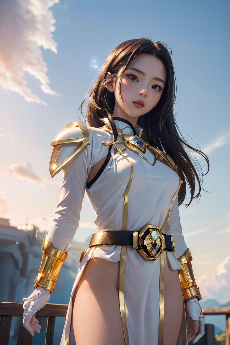 ((masterpiece, best quality, extremely detailed), volumetric lighting, ambient occlusion, colorful, glowing), 1girl, solo, young girl, (dark hair), long hair, halo, aura, sacred, goddess, cleric suit, (power ranger with gold detailst:1.3), seethrough robe, outdoors, sunset, sky, clouds, space, (fantasy theme:1.2),