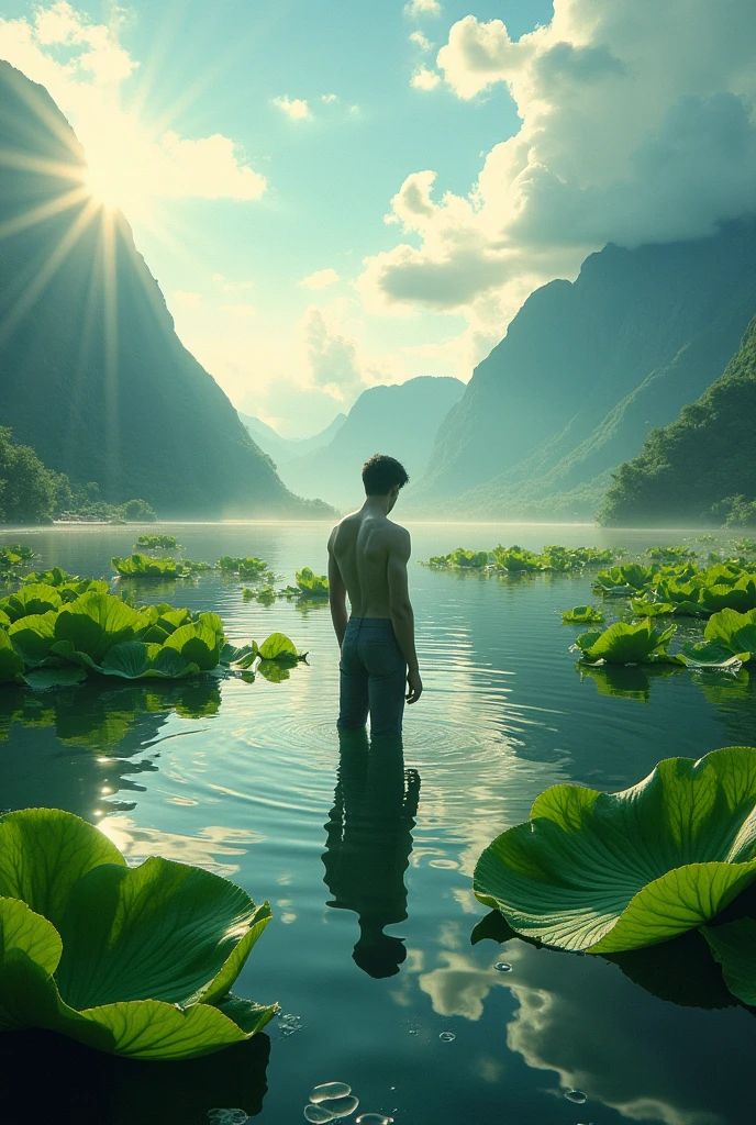 Two nude anime boys playing by a lake