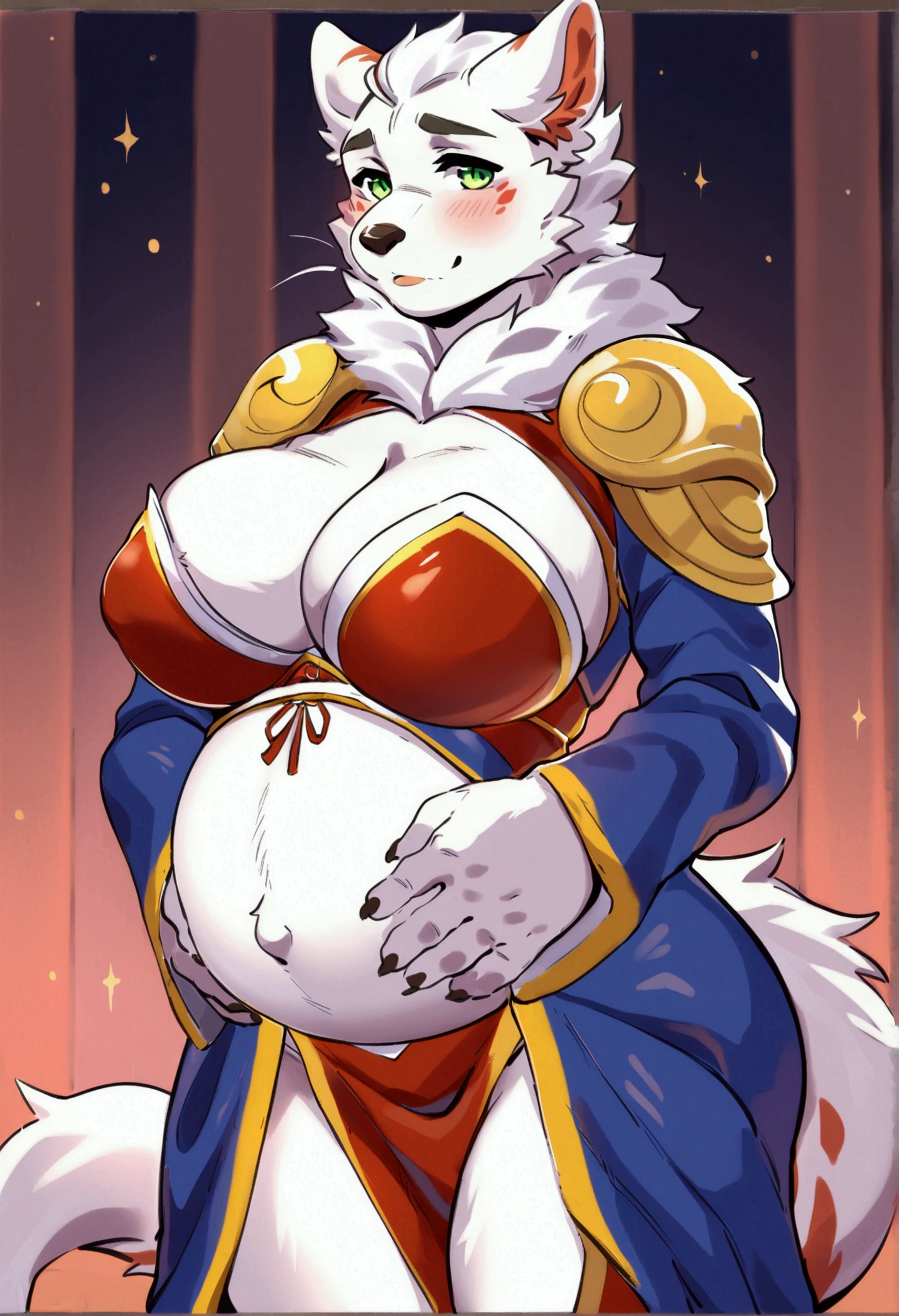 top quality, best quality, by estper, High-quality illustrations, masterpiece)(kemono, furry anthro), very beautiful and detailed body face and eyes, round, 1 female, wyvern, slightly chubby, mature face, furs, fluffy, tail, big breasts, perfect eyes, green eyes, beautiful medieval royal guard clothes, body movement, body twitching, pregnant, red blushing, clumsy, nervous,