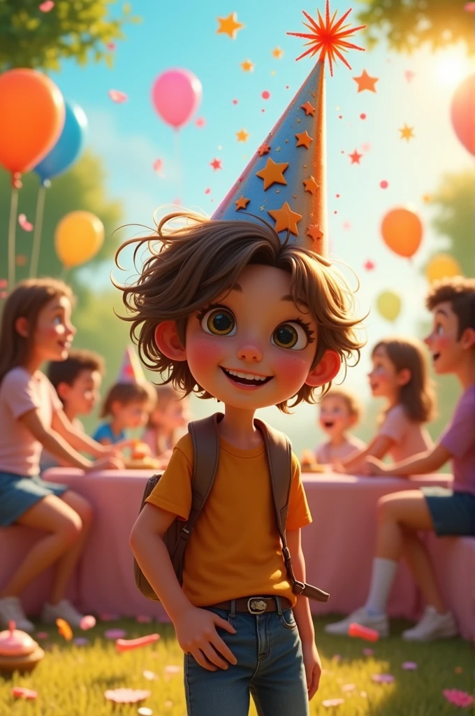 create an art, inspired by Pixar animations of a ager with shoulder-length hair, with a birthday hat