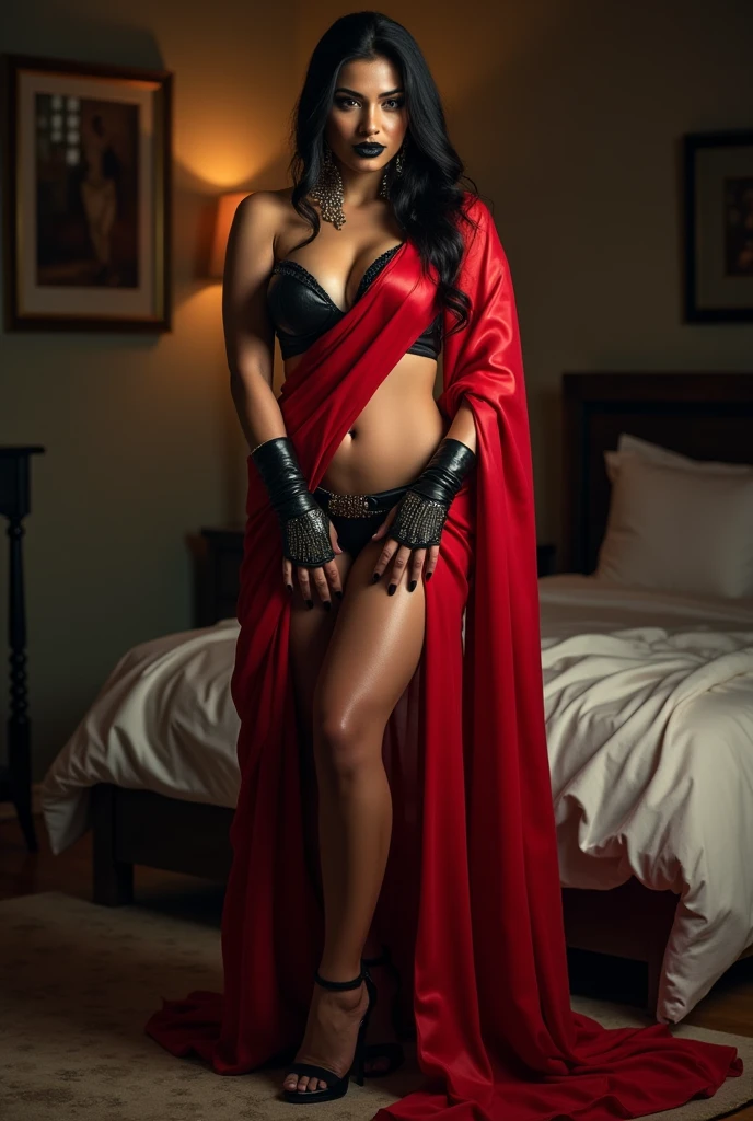 VEIL RED SAREE, Indian CURVY BRIDE , WET , KINKY , MISTRESS, HUNTER, Wet BBW PAWG CHUBBY CURVY FAT ASS CURVY mistress her Big Ass In Leather Thong and Big Cleavage in leather bra, dark black lipstick,high heels, inside bedroom , pantyhose, strapon dildo, kinky , femdom, Cruel Mistress, sex toys,hand gloves with HUNTER and tattoo and strap in neck, Full body picture, high heels