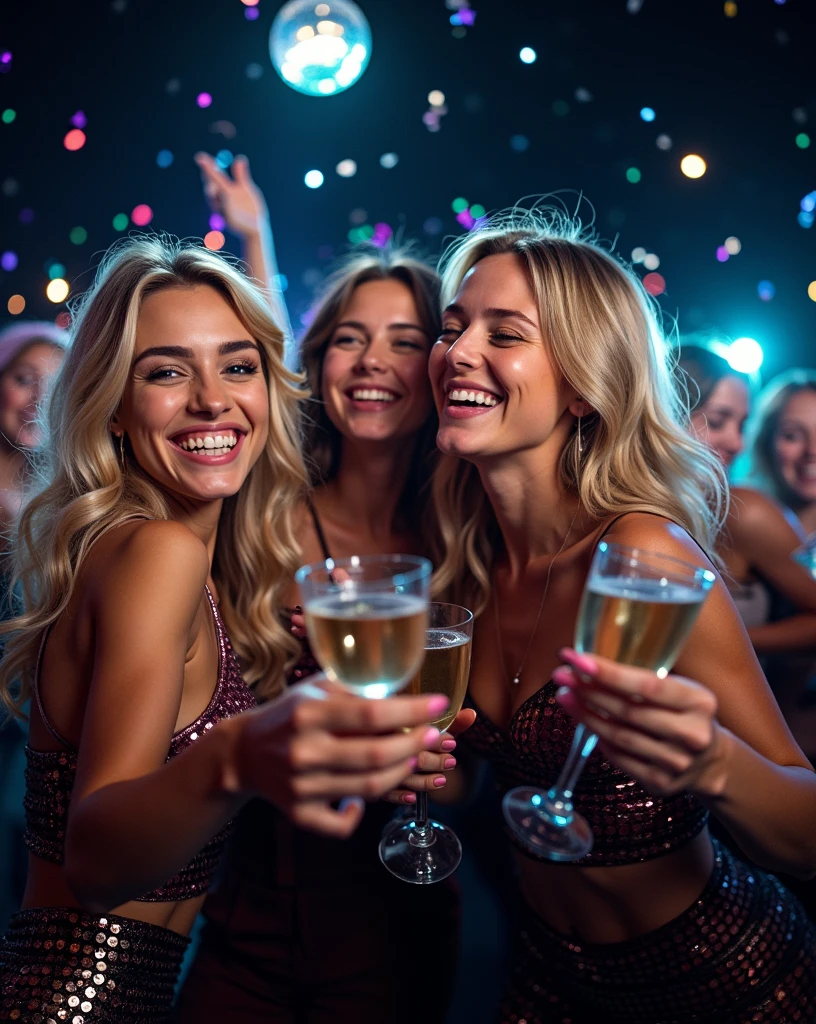 beautiful 19 year old girls, blonde hair, long hair, cute smiles, happy expression, dancing, party, colorful lights, confetti, champagne glasses, disco ball, neon lights, music, laughter, friendship, joy, vibrant colors, photorealistic, 8k, ultra-detailed, cinematic lighting, professional photography