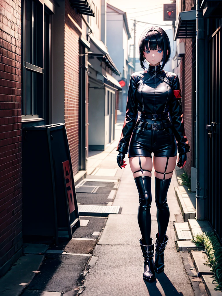 Anime girl, blue eyes, (short black hair), one-sided fringe, assassin, longsleeved long jacket, black shirt with red star underneath. Dark jeans, heeled ankle boots. Black gloves. Garter on left thigh. Standing in alleyway, side-facing. Sunset, long shadows, detailed shading.