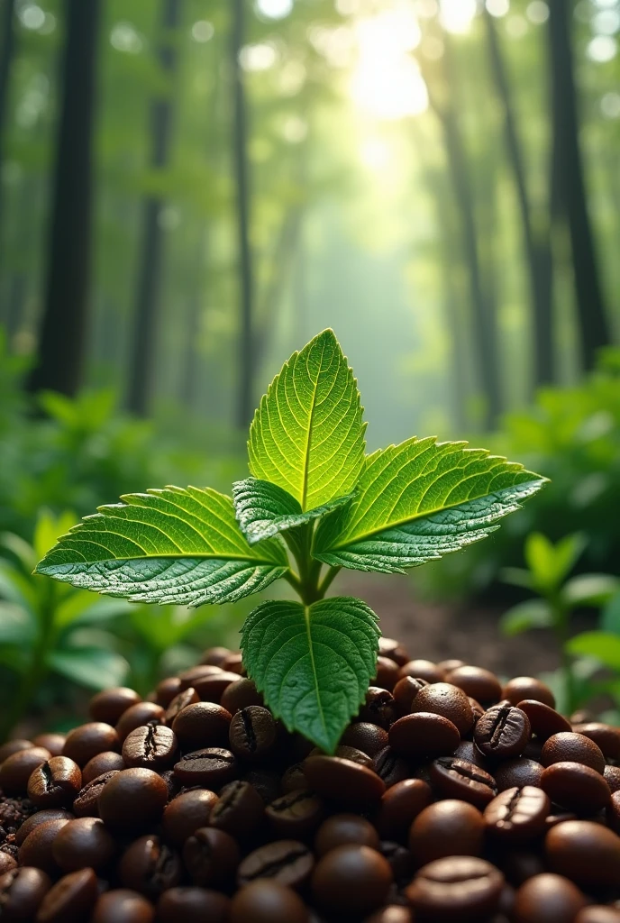 illustration of mint leaves and coffee beans in the forest
