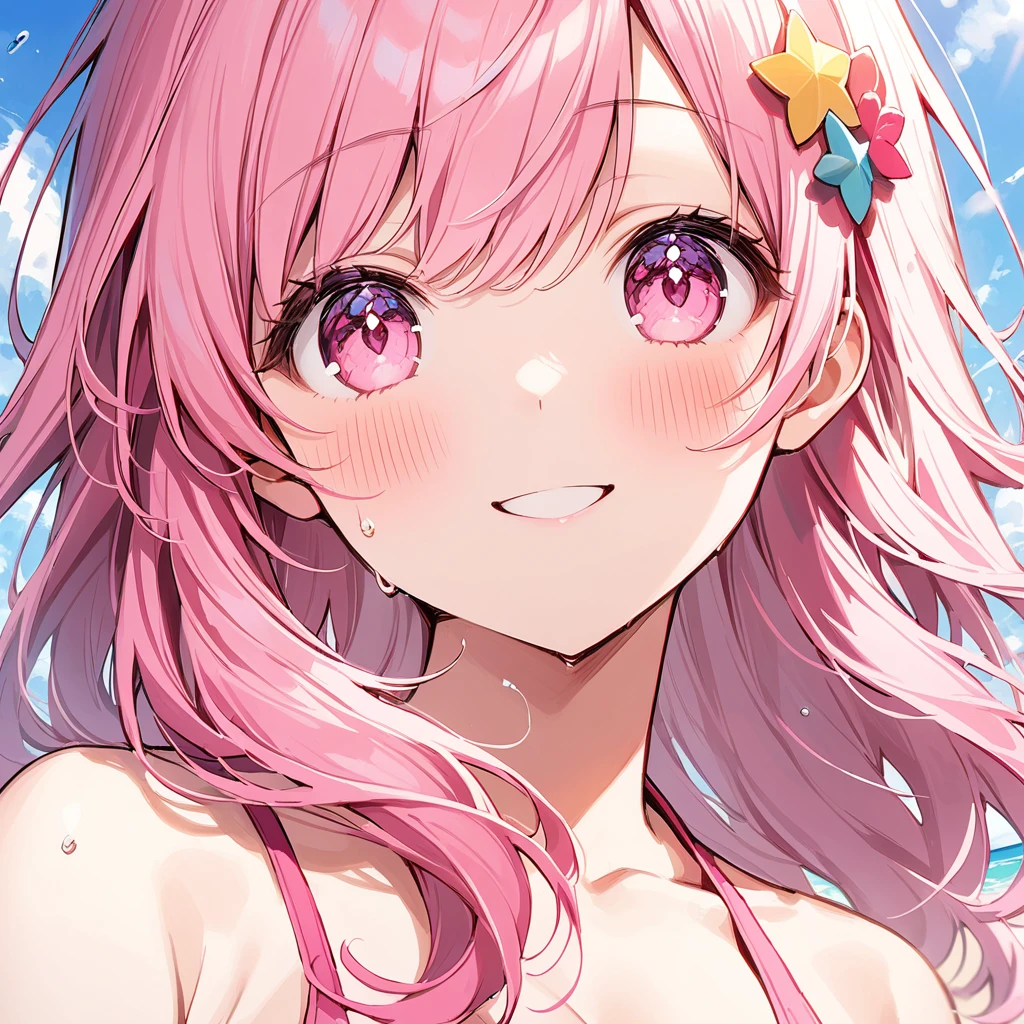 Sparkling Eyes(flying debris), (Highest quality), Very detailed, ((1 person)), Focus Only，dynamic，((smile))，Perfect Face, Beautiful Face, Very detailedな顔，(Pink long hair_Pink Eyes:1.3)，Swimwear，Idle only，Gorgeous hair ornament,smile，Large Breasts，Sandy Beach，Underarm、Sweat、look up，smile,alone, 1 personの, blush, 