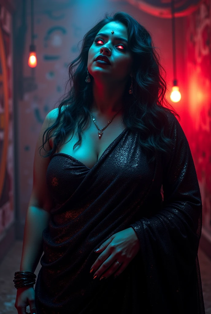 Looks like Aparna Dixit, full body Closeup shot, Big chubby aunty, milf, cougar lady witch, horny Gothic milf, 50 years old gorgeous mature lady, pervert demoness, demoness of lust, curvy, black lips, horny face, extremely gorgeous, thick figure, heavy physique, voluptuous, curvy, sexy figure, Fashionable portrait of androgynous alien looking witch wearing veil,( glowing eyes:1.5), futuristic design, minimal details, givenchy, photoreal, 200mm, hd, f/ 2.0, highly detailed, surreal, sexy beautiful evil woman, sexy bold sequin Saree with strapless Bra, chudail, Pishachini, horror genre, blood-thirsty enchantress, powerful female spirit, eerie, drop dead, in the style of red and blue, (intricate details, hyperdetailed:1.15) (skin texture:1.2), dark Moody tone, cinematic lighting, haunted place in background, Fortune telling hall,indian astrology,