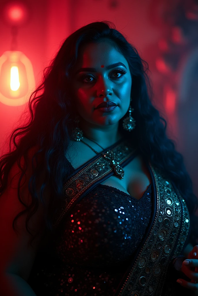 Looks like Aparna Dixit, full body Closeup shot, Big chubby aunty, milf, cougar lady witch, horny Gothic milf,  50 years old gorgeous mature lady, pervert demoness, demoness of lust, curvy, black lips, horny face, extremely gorgeous, thick figure, heavy physique, voluptuous, curvy, sexy figure, Fashionable portrait of androgynous alien looking witch wearing veil,( glowing eyes:1.5), futuristic design, minimal details, givenchy, photoreal, 200mm, hd, f/ 2.0, highly detailed, surreal, sexy beautiful evil woman, sexy bold sequin Saree with strapless Bra, chudail, Pishachini, horror genre, blood-thirsty enchantress, powerful female spirit, eerie, drop dead, in the style of red and blue, (intricate details, hyperdetailed:1.15) (skin texture:1.2), dark Moody tone, cinematic lighting, haunted place in background, Fortune telling hall,indian astrology,