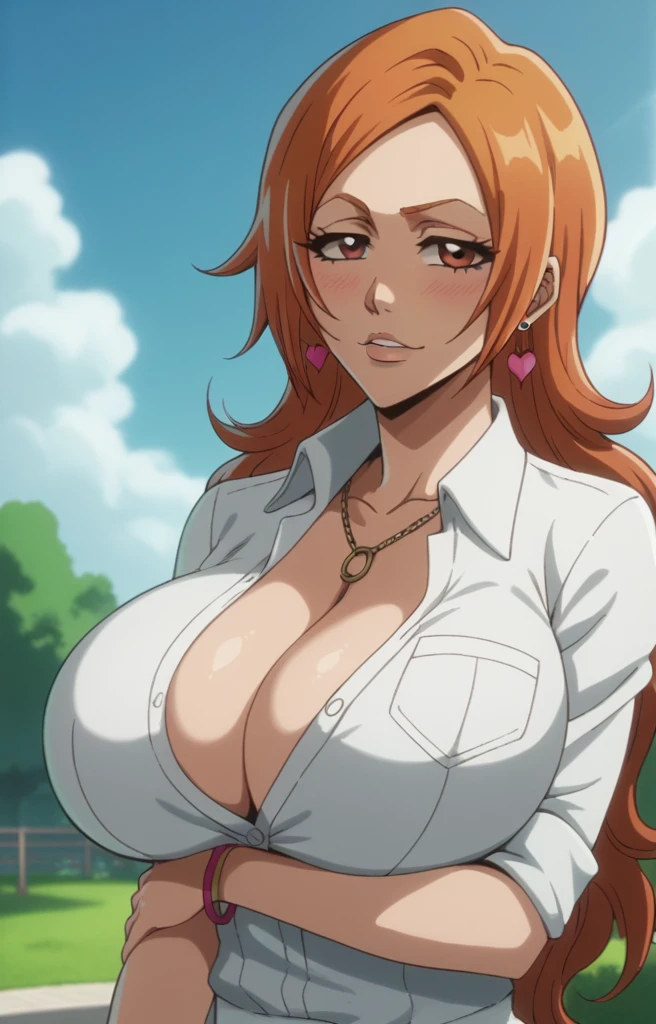 Inoue Orihime,Big breast,white HighSchool uniform with unbuttoned Cleavage,short Grey skirt,lariat necklace,Long pink nail,Hoopa bracelet,Earpiercing,Bleach Anime artstyle,Half eyes open,Stylish Wavy hair,Spouty mouth,Thick lips,Curvy figure,Big wavy hair,Enchanced breast,tight thights,gaze on viewer,ear visible,bouncy breast,unnatural big breast,crossing arm,short sidehair,Short bang hair,heart shaped Earrings,Light blush,Swaying hips,Enormous Big breast,H cup