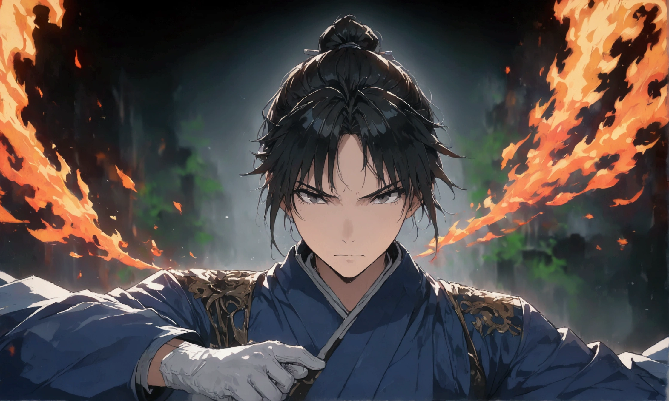 Man, short black hair, black eyes, military blue coat, white gloves, black boots, fire aura, snapping fingers, ((Anime character design inspired by Fullmetal Alchemist: Brotherhood)), ((Stunning lighting)), ((Fine lines)), ((Stunning focus)), ((Stunning face)), ((Detailed focus)) , ((Detailed background)), ((Ultra-thin 2D design)), ((Creativity-filled background)), ((2D Masterpiece)), ((Best quality)), ((8K)), ((Anime style))