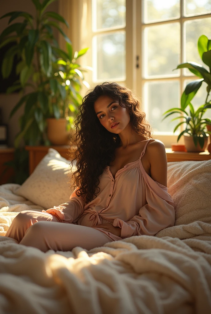 (photorealism:1.2), beautiful woman, sitting on bed, wearing loose off-shoulder top, pajama pants, long curly hair, indoors, soft lighting, plants in background, window with sunlight, cozy room, relaxed pose, realistic, intricate details, warm colors, by Greg Rutkowski, by Alphonse Mucha