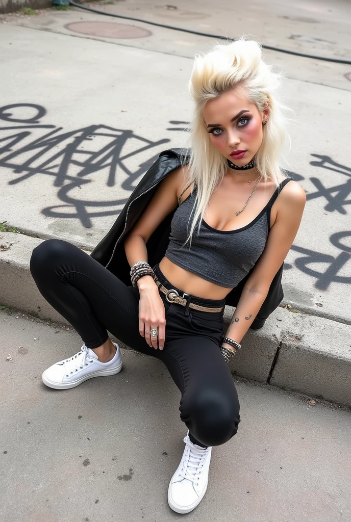 Russian woman platinum blonde hair in quiff style, very pale, very light blue eyes, big eyes. Baseball cap. Excessive makeup, smeared. Black leather jacket, cropped metal band t-shirt, skinny black jeans, white tennis sneakers. Without glasses. Lots of bracelets. Wide leather belt with oversized tacky buckle. Sleepy face 