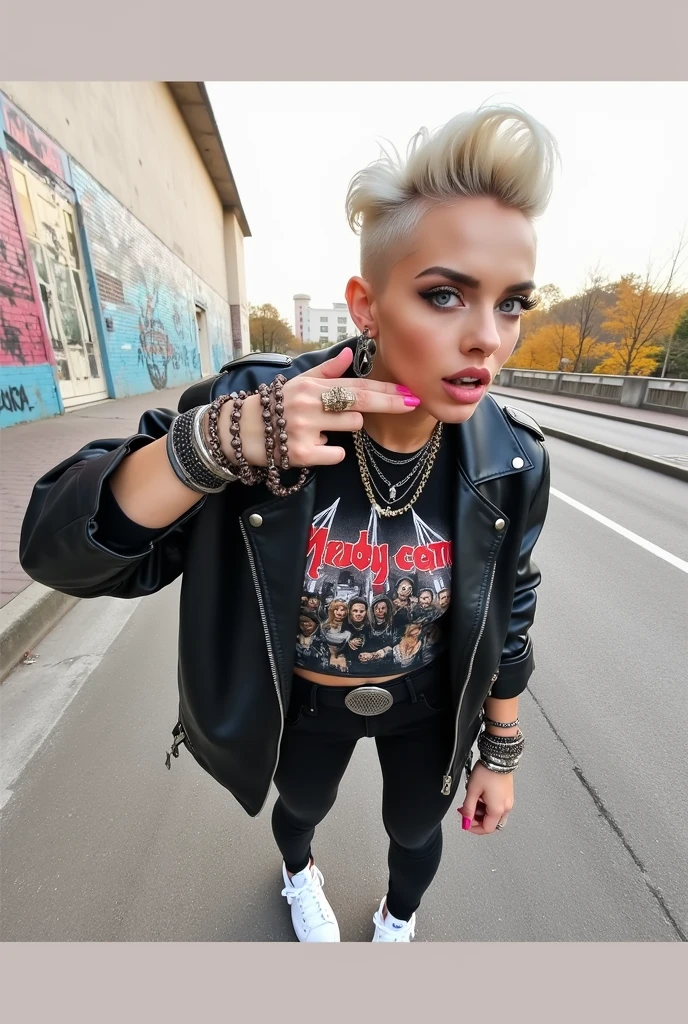 russian old milf woman, , blonde platinum hair (beehive bun) and oversized square sunglasses as headband), eyes iris almost white, extremely pale. Wearing studded, padded shoulders, cropped black moto jacket (zippers on the sides, skull patches on the sleeves), dark grey push up tank top with skull logo, dark skinny low rise blue jeans with holes on knees .White tennis sneakers. Lots of thick wide studded bracelets, chain collars and big rings. Tacky wide studded leather belt with big eagle oval buckle. Long earrings with chains. Kneeling with hands on knees, bent forward, looking at the photographer. Hands on knees. Looking at the camera, Toned abdominals, thin neck, slim legs and thin arms. Narrow hips. Heavily tattooed on chest, hands, neck and arms. Crowded street of Saudi Arabia, studded black leather bag and bottle of bourbon on the ground, next to her