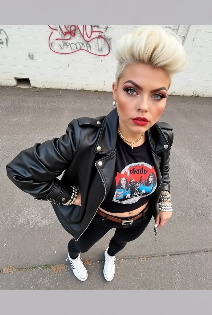 Russian woman platinum blonde hair in quiff style, very pale, very light blue eyes, big eyes. Baseball cap. Excessive makeup, smeared. Black leather jacket, cropped metal band t-shirt, skinny black jeans, white tennis sneakers. Without glasses. Lots of bracelets. Wide leather belt with oversized tacky buckle. Sleepy face
