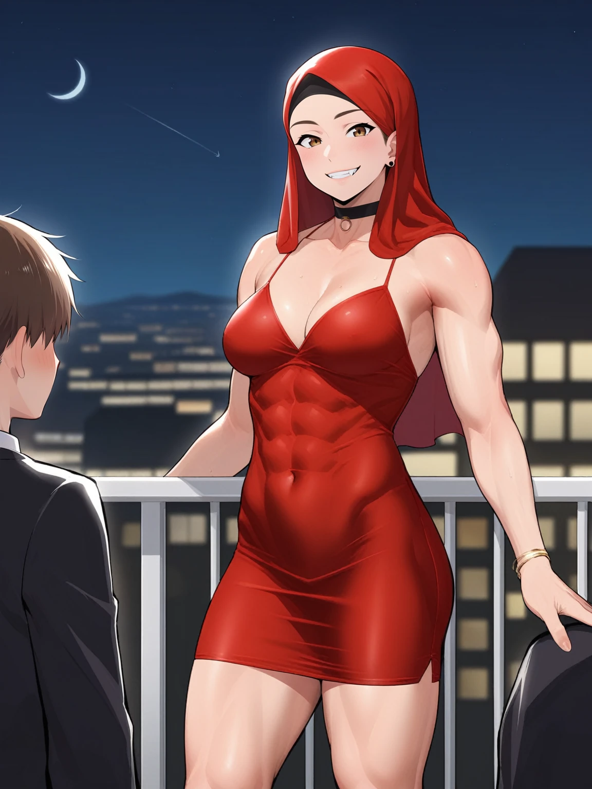 score_9, score_8_up, source_anime, standing, hijabi, indoors, night, night sky, nighttime, hijab, smirk, fangs, ikuchan, balcony, town background, male wearing shorts, muscular male, ((muscular femalw)), dark skinned male, muslim female, interracial, medium breasts, boyfriend, couple, looking at viewer, faceless male, light skinned male, cuckold pov, ntr, netorare, standing side by side, standing, cuckolding, cuck, 1girl, 1boy, smug, humiliation, ((faceless male)), ((size difference)), tall male, ((worship)), ((light skinned male))), gown, dress, abs, navel, short dress, red dress, extremely muscular female, male head out of frame, ((size difference)), , ((large male)), solo focus, choker, solo focus