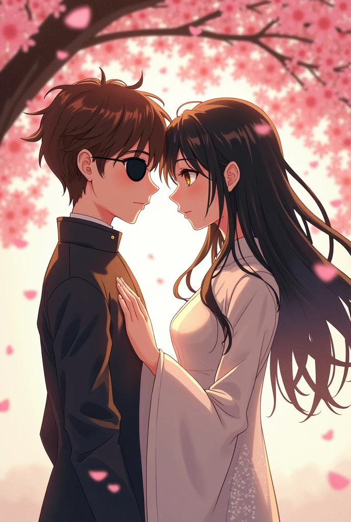 The man has a black eye patch. Close your left eye. Short brown hair, parted in the middle, brown eyes, wearing a cheongsam, wearing earrings, a woman with long hair, one side is black and one side has white hair, her left eye is gray, her right eye is yellow. And she wore a white cheongsam. They were both agers, under the cherry tree.