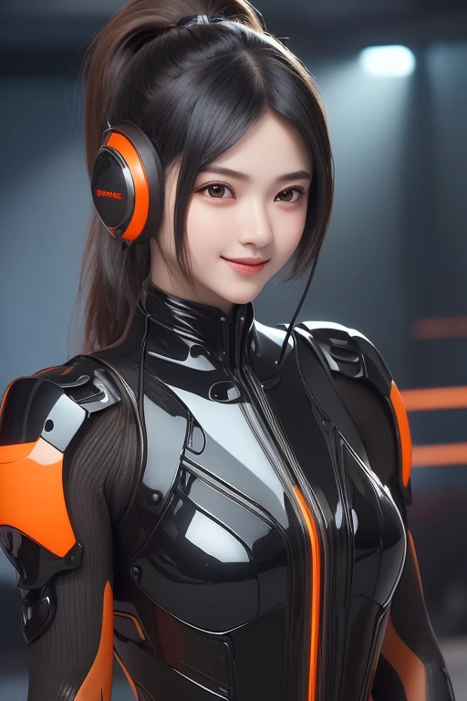Top Quality, Masterpiece, Ultra High Resolution, (Photorealistic: 1.4), Raw Photo, 1 Girl, Black Hair, Glossy Skin, 1 Mechanical Girl, (((Ultra Realistic Details)), Portrait, Global Illumination, Shadows, Octane Rendering, 8K, Ultra Sharp, Intricate Ornaments Details, realistic skin, sweat effect, ((wearing Headphone)), very intricate detail, realistic light, CGSoation trend, brown eyes, glowing eyes, matte black and glossy orange mechanical bodysuit, Long hair, black hair, Ponytail hair, full body shot, spaceship bridge background, dynamic pose, cute smile, close up, Open Mouth, facing audience, playing electric guitar, in front of microphone,