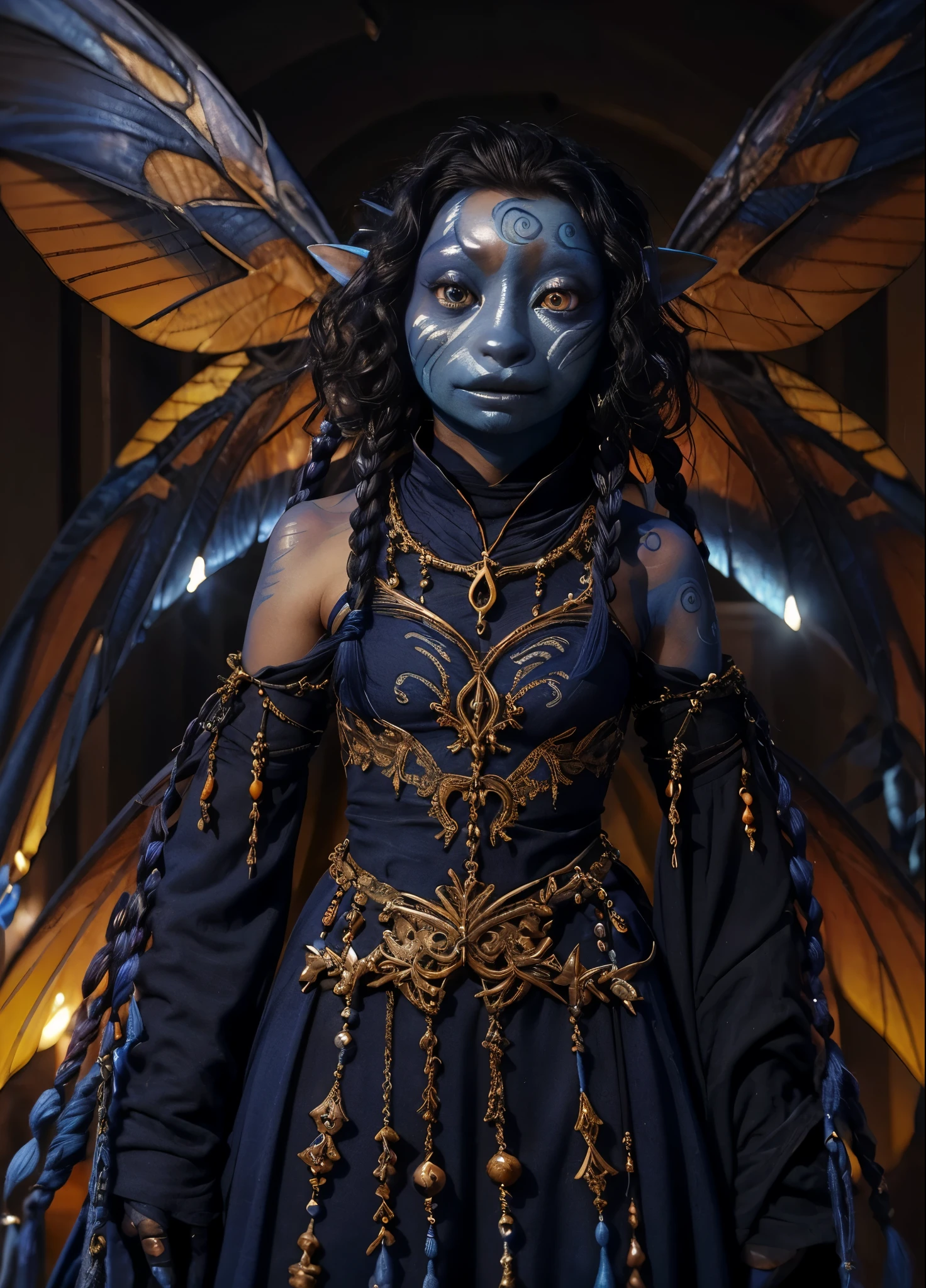 dousan, gelfling, female, dark blue and orange beaded robes decorated with jewels and bones, short curly hair with long decorated braids, desert, blue skin with lighter blue face paint, big orange eyes, jewelry, full body, insect wings coming from shoulders,