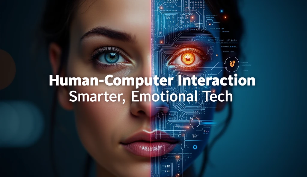 - **Main Image:** A split-screen design showing a human face on one side and a futuristic computer interface on the other, with the two sides blending into each other in the middle, symbolizing the connection between humans and technology.
- **Text Overlay:** In bold, readable fonts, include the text "Human-Computer Interaction" at the top and "Smarter, Emotional Tech" at the bottom.
- **Color Scheme:** Use contrasting colors like blue and orange to highlight the tech side and a more natural tone for the human side.
- **Additional Elements:** Consider adding subtle icons like a brain, a heart, and a circuit board to visually represent intelligence, emotion, and technology.
Image size 16:9