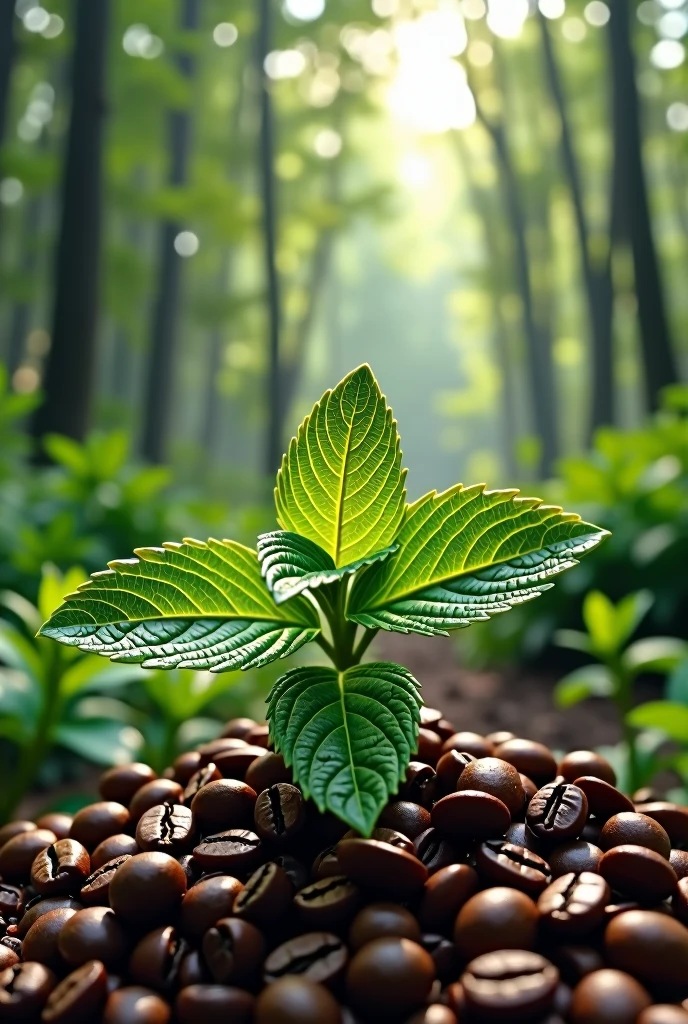 illustration of mint leaves and coffee beans in the forest
