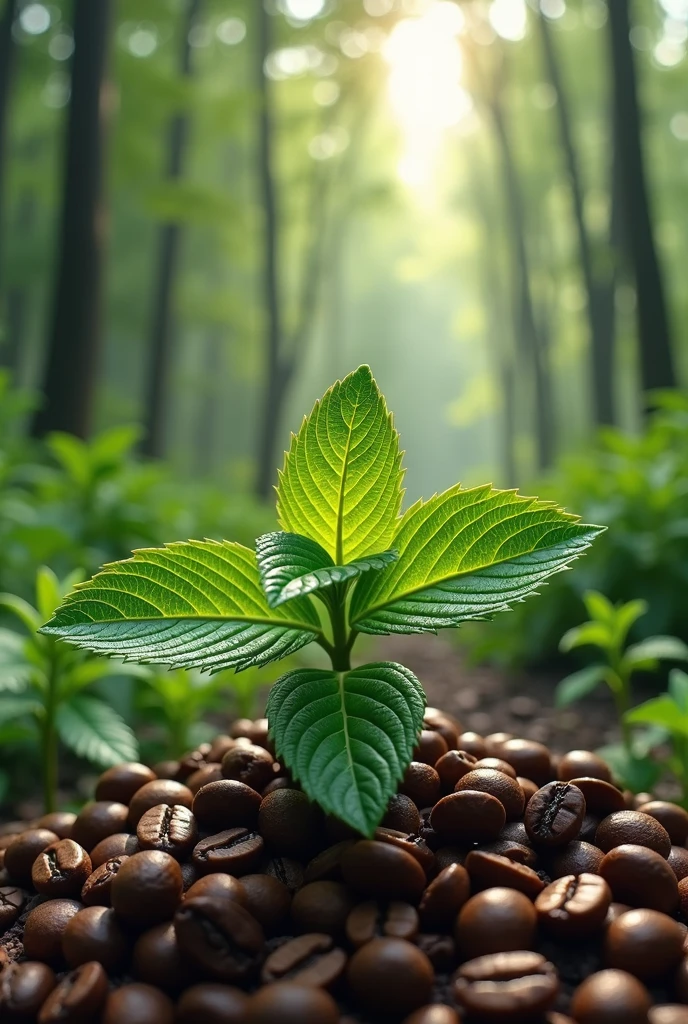 illustration of mint leaves and coffee beans in the forest