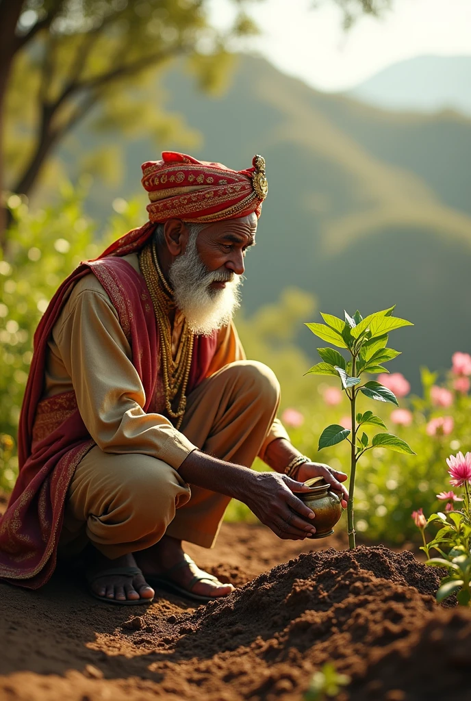 Indian old man planting a tree. At the same time, an Indian prince comes from above.
Then the old man starts watering that plant. Then the same old man started to explain something to the same Indian Prince.
