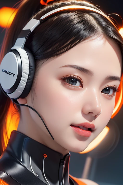 Top Quality, Masterpiece, Ultra High Resolution, (Photorealistic: 1.4), Raw Photo, 1 Girl, Black Hair, Glossy Skin, 1 Mechanical Girl, (((Ultra Realistic Details)), Portrait, Global Illumination, Shadows, Octane Rendering, 8K, Ultra Sharp, Intricate Ornaments Details, realistic skin, sweat effect, ((wearing Headphone)), very intricate detail, realistic light, CGSoation trend, brown eyes, glowing eyes, matte black and glossy orange mechanical bodysuit, Long hair, black hair, Ponytail hair, full body shot, spaceship bridge background, dynamic pose, cute smile, close up, Open Mouth, facing audience, playing electric guitar, in front of microphone, 