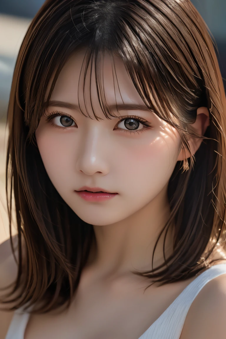 Highest quality, (beautiful)、beautiful女性、Precision Eyes、Brown Hair、Brown eyes、Looking into the camera、Soft Breasts、Medium Hair、Inward curl hair、Straight Hair、Completely naked、Close-up of face、Shoot from above、Sad expression
