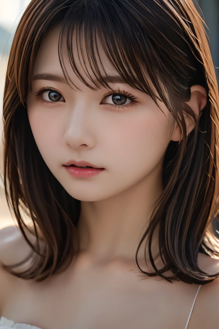 Highest quality, (beautiful)、beautiful女性、Precision Eyes、Brown Hair、Brown eyes、Looking into the camera、Soft 、Medium Hair、Inward curl hair、Straight Hair、Completely naked、Cup of face、Shoot from above、Sad expression