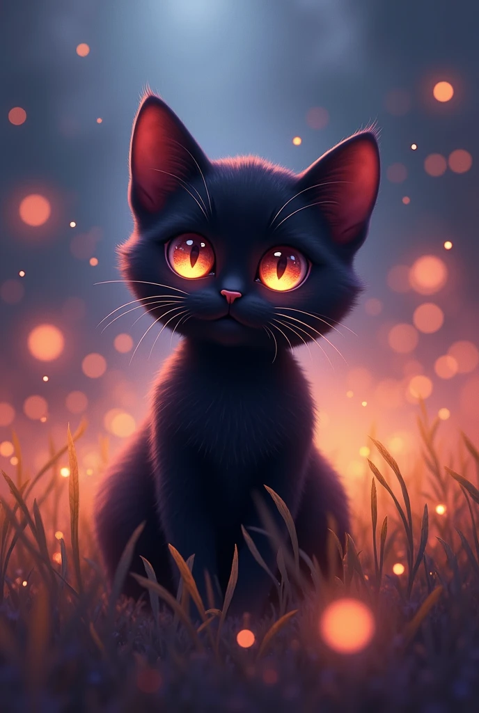 A black cat sits in the grass that emits light, Eyes that shine like magic, Beautiful and shining eyes, Bright and Shiny Eyes, Shining magical eyes, Dream animal cute eyes, Sparkling eyes, Cute and detailed digital art, Adorable digital painting, Bright and Shiny Eyes, Cute digital art, Beautiful, bright white eyes, Very shining eyes, Eyes that shine like stars, Bright and Shiny Eyes like leds