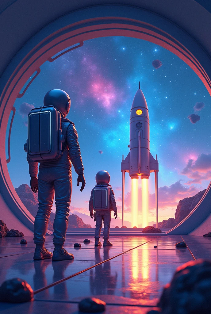 A school in space with space suits and rocket will take the students