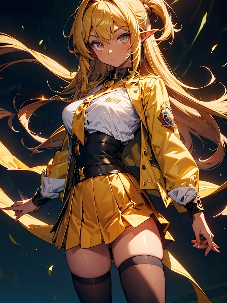 Black background with spotlight, ((((masterpiece)))), expensive quality, very_expensive_solve, big_file size, Full Color,Highly detailed artwork,Mature Elf 11people((Dark Skin:1.5,golden eye:1.4,Bright 緑hair:1.3,Gal Style,big ,)), Leopard print underwear,Tianshangyuan_Asuka,1peopleの,length_hair,duel_School_uniform_\(Yu-Gi-Oh!_gx\),brown_eye,hair_between_eye,big_chest,yellow_eye,green_skirt,white_Jacket,miniskirt