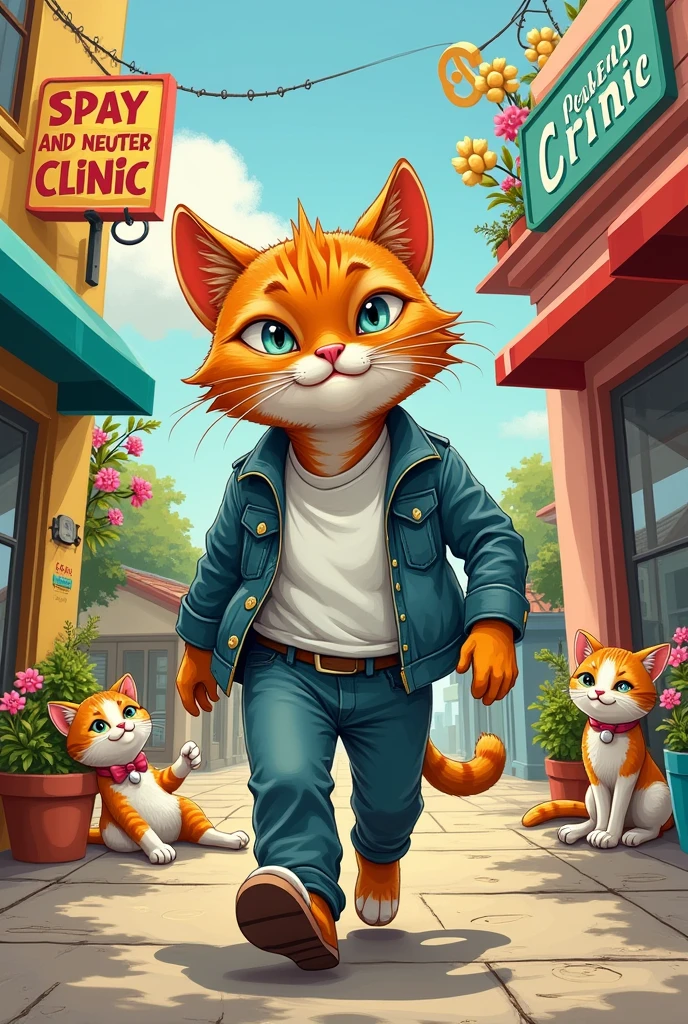 A cartooning about a in-heat cat with a human man head with background of “free spay and neuter clinic” with spayed cats