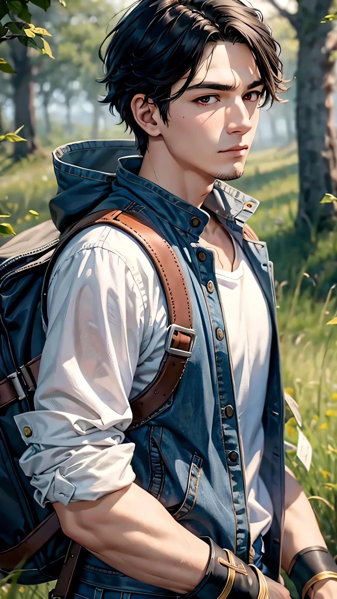 最high quality、Best image quality、masterpiece、male((18-year-old、slender、Stubble、Have a camera、White shirt、Red eyes、all back、Black Hair、Fighting Pose、Black rider jacket、Blue denim trousers、Black Rucksack、Stubble、Show the whole body))high quality、Beautiful art、background((grassland、Strong winds)),Tabletop、Exquisite design、Visual Arts、Written boundary depth、Best lighting、Highest detail、8k