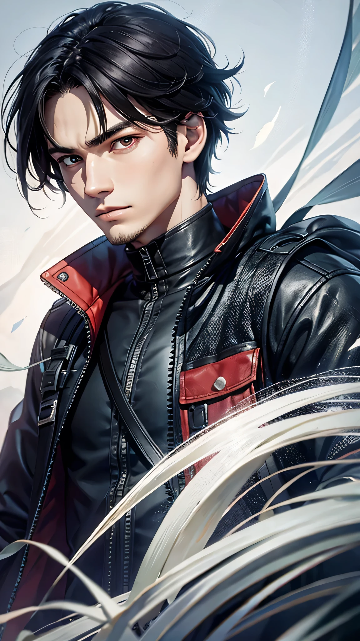 最high quality、Best image quality、masterpiece、male((18-year-old、slender、Stubble、Have a camera、White shirt、Red eyes、all back、Black Hair、Fighting Pose、Black rider jacket、Blue denim trousers、Black Rucksack、Stubble、Show the whole body)）high quality、Beautiful art、background((grassland、Strong winds)),Tabletop、Exquisite design、Visual Arts、Written boundary depth、Best lighting、Highest detail、8ｋ