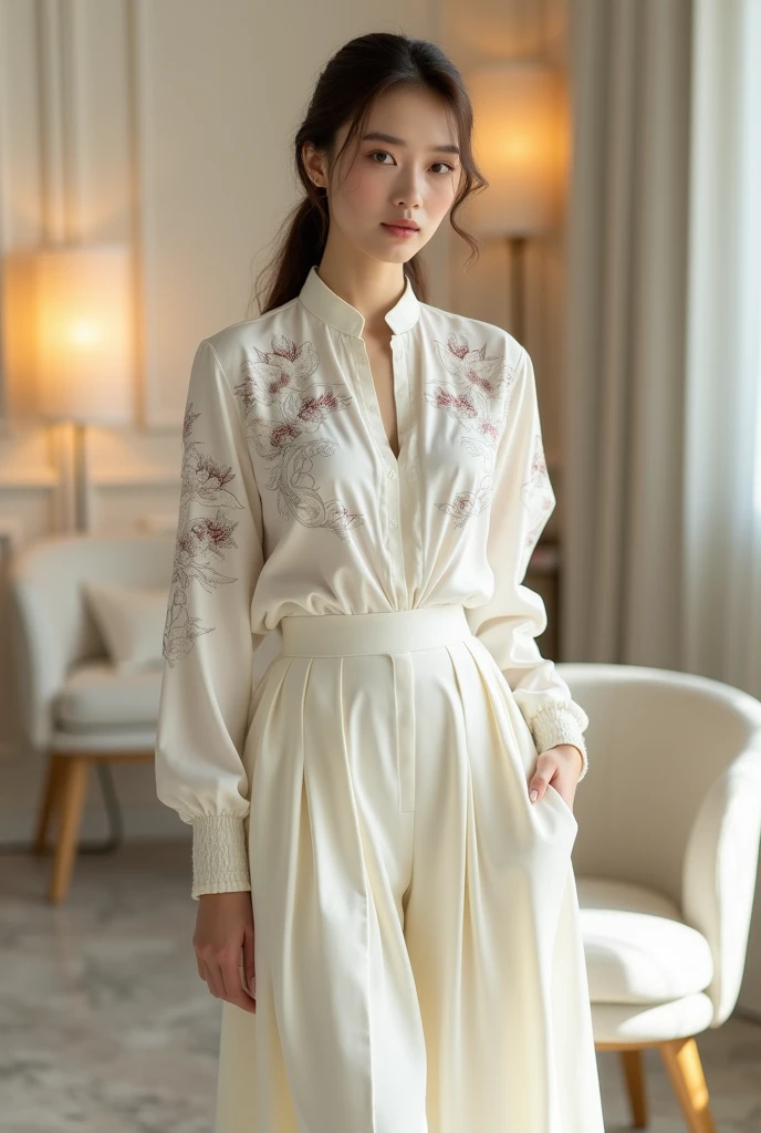 8k image of the model wearing a white tucked-in shirt with lotus flower patterns. Cream colored stand-up skirt. Luxurious elegant style. Background with rice white walls, chairs, lamps
